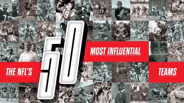 A collage of black and white football images with “The NFL’s 50 Most Influential Teams”